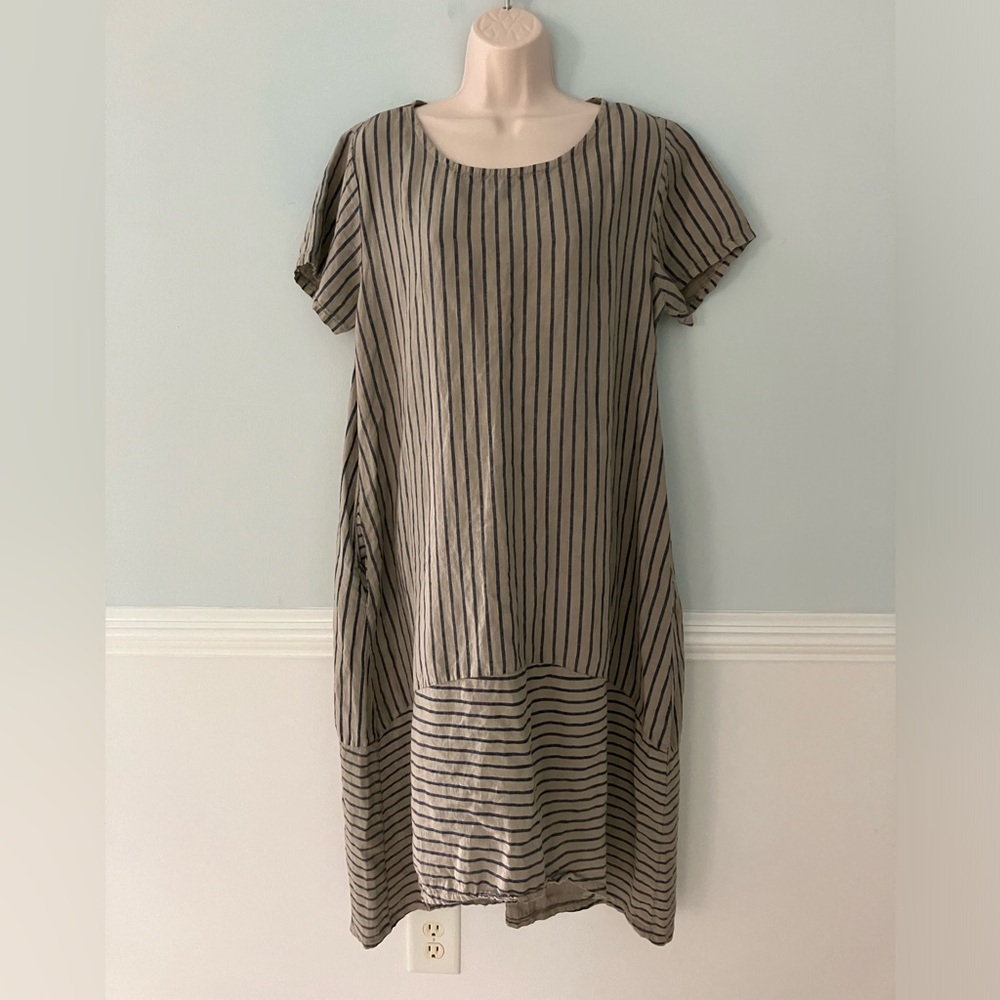 Vasna dress striped linen Italy boho natural granola lagenlook minimalist S